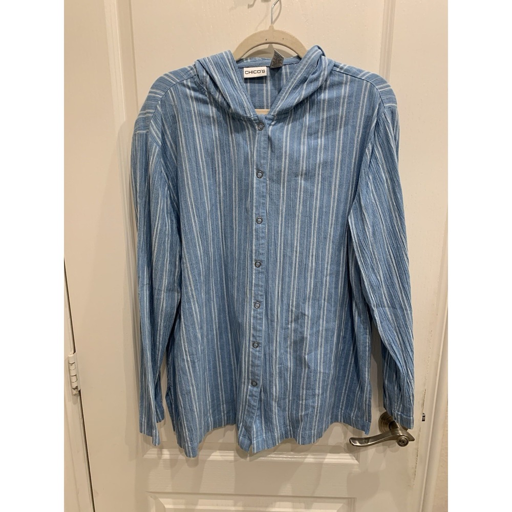 Chicos Top Hoodie Striped‎ Button up Blue Lightweight Women's Sz 3 EUC